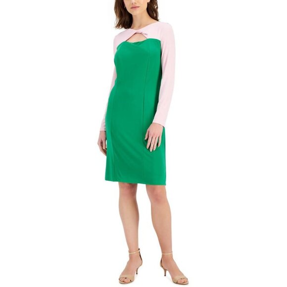 🎉 Kasper Green/Pink Twist Knot Neck Professional Casual Contemporary Dress - Picture 1 of 7